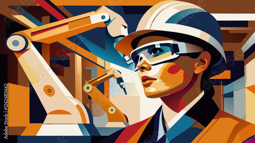 Female engineer observing robotic arms in industrial setting. Wearing hard hat and safety glasses with determined expression. Concept: industrial automation, engineering solutions, manufacturing