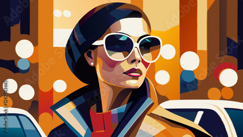 Colorful vector illustration of stylish woman in sunglasses walking down urban street with lights and cars in background Concepts city fashion, modern lifestyle, streetwear digital art, bold aesthetic