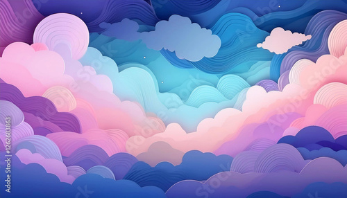 Layers of colorful clouds in blue, pink and purple making a dreamy fantasy fairytale like theme background