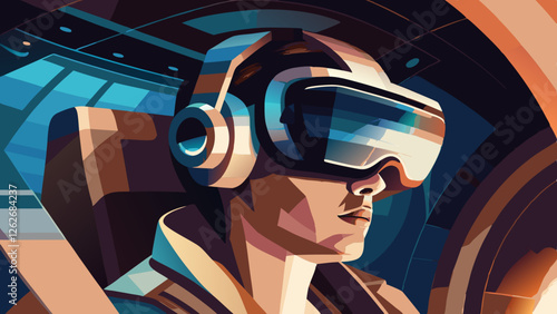 Focused pilot wearing VR headset in futuristic cockpit. Serious expression while immersed in virtual environment. Gaming, aviation training, simulation concept.