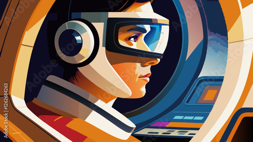 Pilot looking pensively into distance while seated in futuristic cockpit. Wearing sleek helmet with retro-future design elements.  Concept : aerospace, aviation training, sci-fi gaming