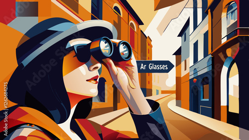 Woman looking through binoculars at European city street. Styled in mid-century modern aesthetic with bold colors and vintage travel elements. Concept: tourism, travel agency, city tours