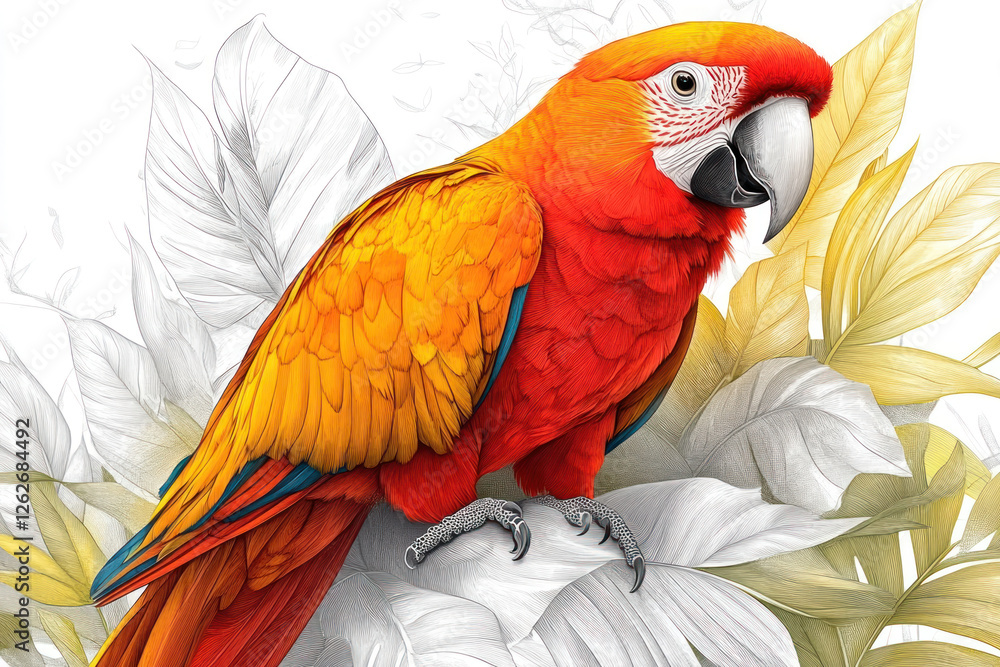 Obraz premium A bright red macaw with rich plumage of red, orange and yellow colors, sitting among large exotic leaves.