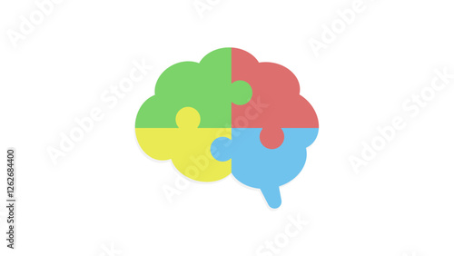 A brain made of four interlocking puzzle pieces in green, red, yellow, and blue, symbolizing organized and coherent ideas, problem-solving, and cognitive function.