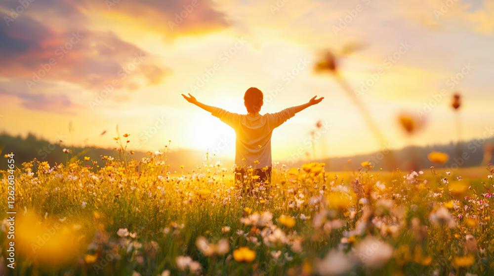 A person embraces nature in a sunlit meadow, experiencing peace and relaxation amidst vibrant wildflowers and a serene sky. A person embraces nature in a sunlit meadow, experiencing peace and relaxation amidst vibrant wildflowers and a serene sky.