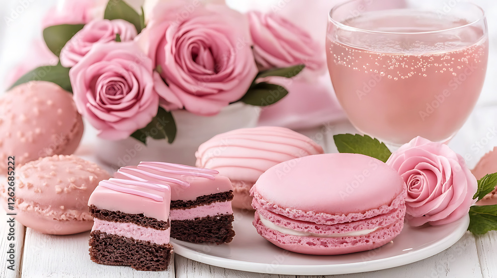 Elegant Pink Dessert Still Life Featuring Roses and Macarons with Bubbling Drink Composition Elegant Pink Dessert Still Life Featuring Roses and Macarons with Bubbling Drink Composition