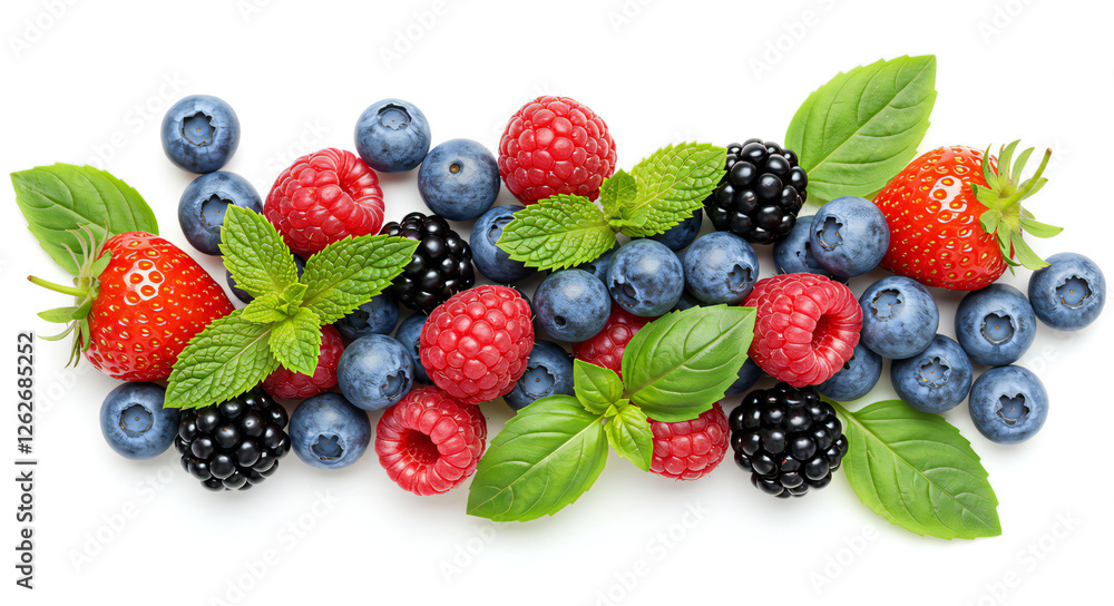 Fresh Assorted Berries with Mint on White Background Fresh Assorted Berries with Mint on White Background