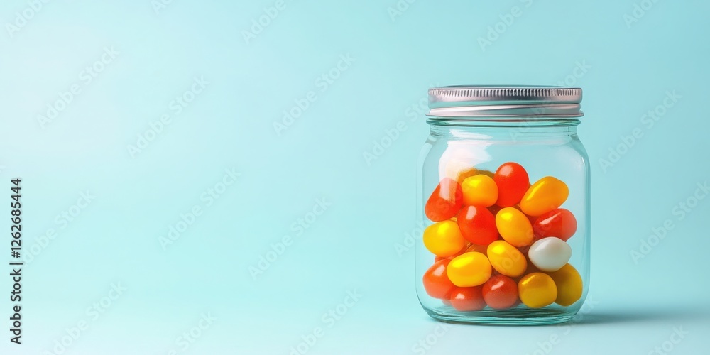 A clear glass jar filled with colorful jelly candies sits against a soft blue background. A clear glass jar filled with colorful jelly candies sits against a soft blue background.