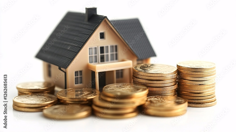 A small house model placed next to neatly stacked gold coins on a clean white background, symbolizing real estate investment and financial planning. A small house model placed next to neatly stacked gold coins on a clean white background, symbolizing real estate investment and financial planning.