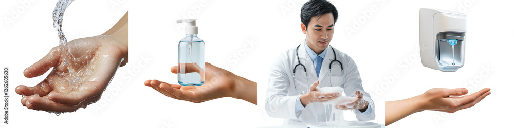 set of A doctor instructs on hand washing techniques, an elderly person washes their hands under a faucet, a person applies hand sanitizer with attention to the process, on a transparent backgrounds set of A doctor instructs on hand washing techniques, an elderly person washes their hands under a faucet, a person applies hand sanitizer with attention to the process, on a transparent backgrounds