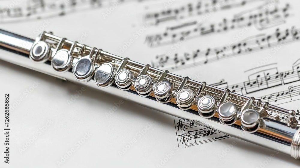 Fototapeta premium Flute resting on sheet music with detailed silver keys reflecting light during a musical practice session