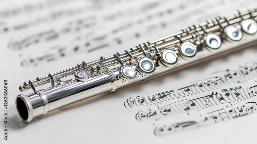 Obraz premium Flute resting on sheet music with intricate notes during a classical music session