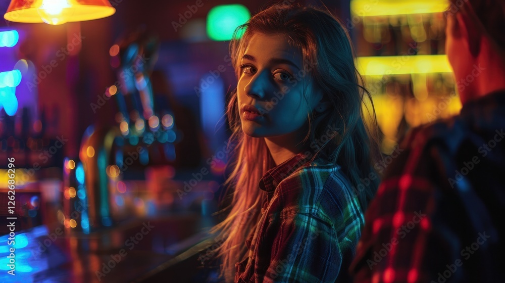 Portrait of beautiful woman is in a bar at night, AI generated image Portrait of beautiful woman is in a bar at night, AI generated image