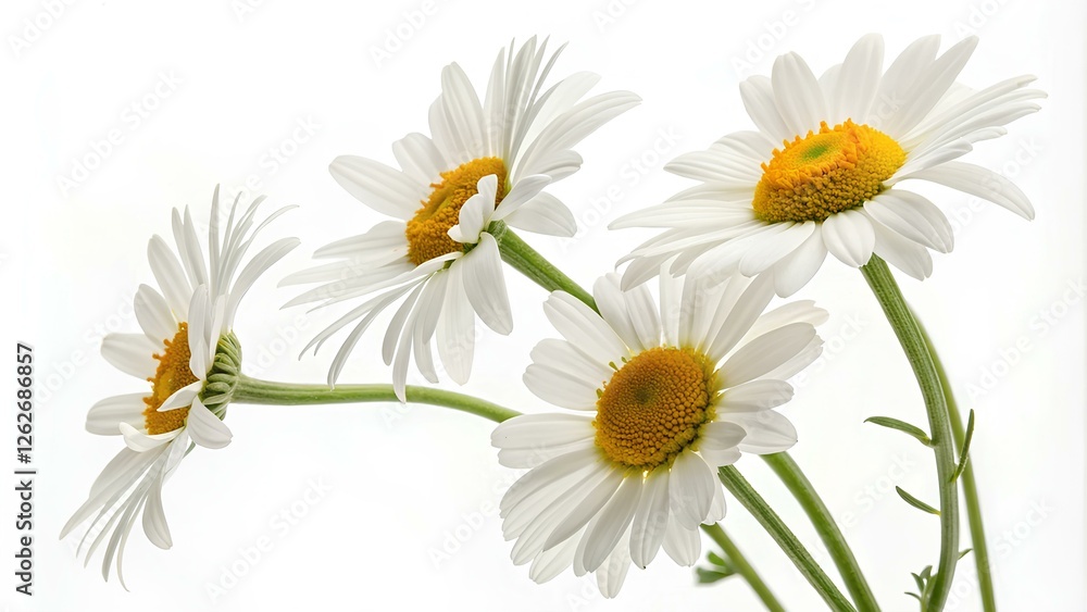 Fototapeta premium Five white daisies with yellow centers are gracefully arranged in a natural pose. The background is bright and minimal, highlighting the beauty of the flowers. The scene conveys a sense of calmness.