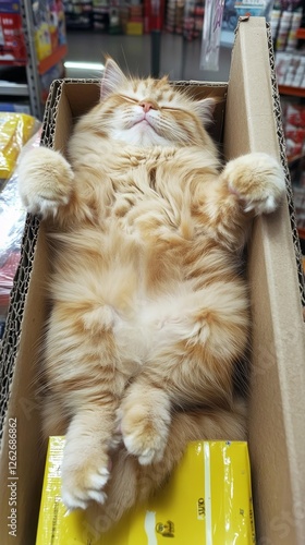 Fluffy red tabby cat lying on her back in a cardboard box in a store. Blissfully dozing photo