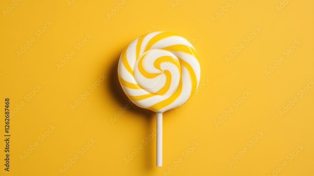 A vibrant yellow lollipop with a swirl pattern, set against a matching yellow background, evoking a playful and sweet atmosphere. A vibrant yellow lollipop with a swirl pattern, set against a matching yellow background, evoking a playful and sweet atmosphere.