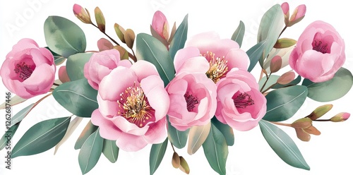 Watercolor illustrations of a floral bouquet with green leaves, pink peach blush, and white flowers along branches. Ideal for wedding invitations, greetings, wallpapers, fashion, and prints, with