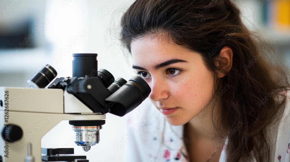 Fototapeta premium Young student examines specimen through microscope in science laboratory during daytime learning session