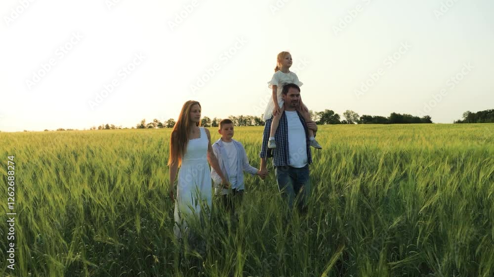 professional businessman farmer, happy father husband, grows grain farm with wife and children. Smile face child farmer, family happiness, spending time day owith daughter son, taking walks through