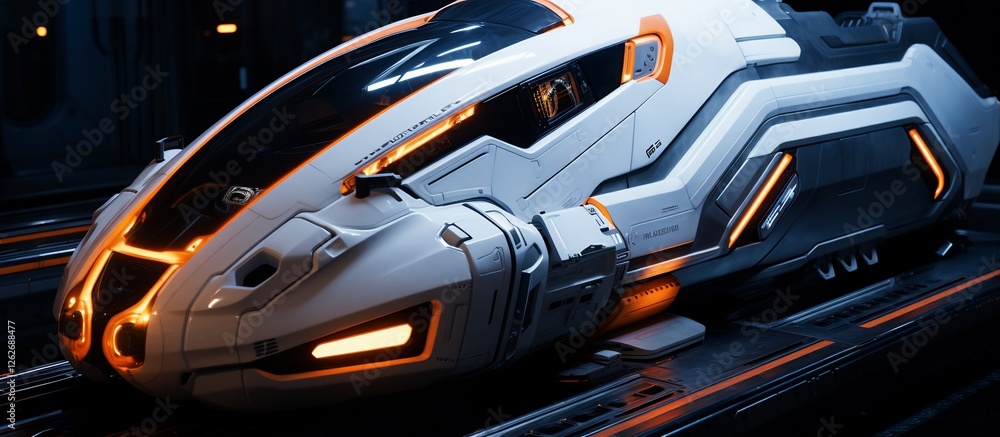 Fototapeta premium Futuristic spacecraft in a sleek hangar, illuminated by orange lights, showcasing advanced technology