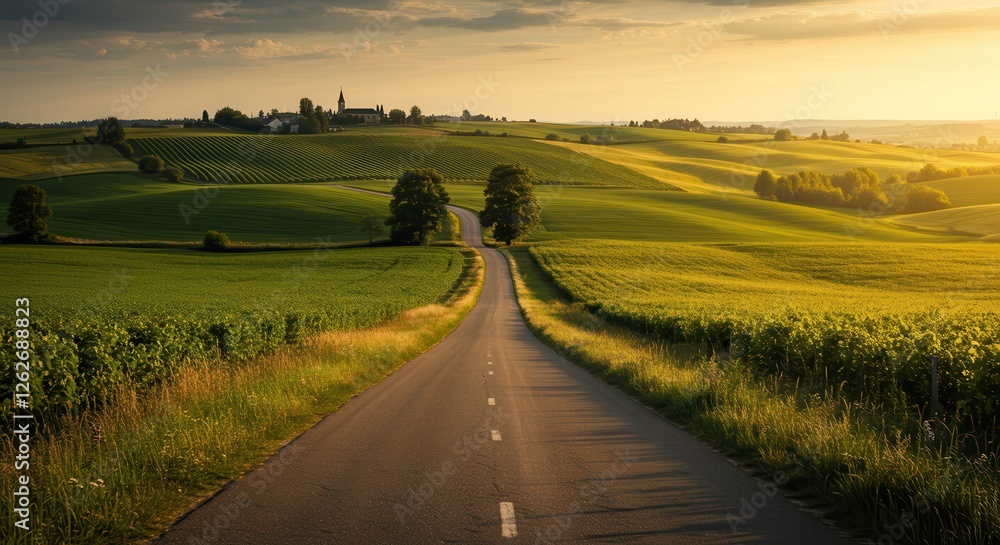 Fototapeta premium Scenic Road Through Rolling Green Fields at Sunset Landscape View
