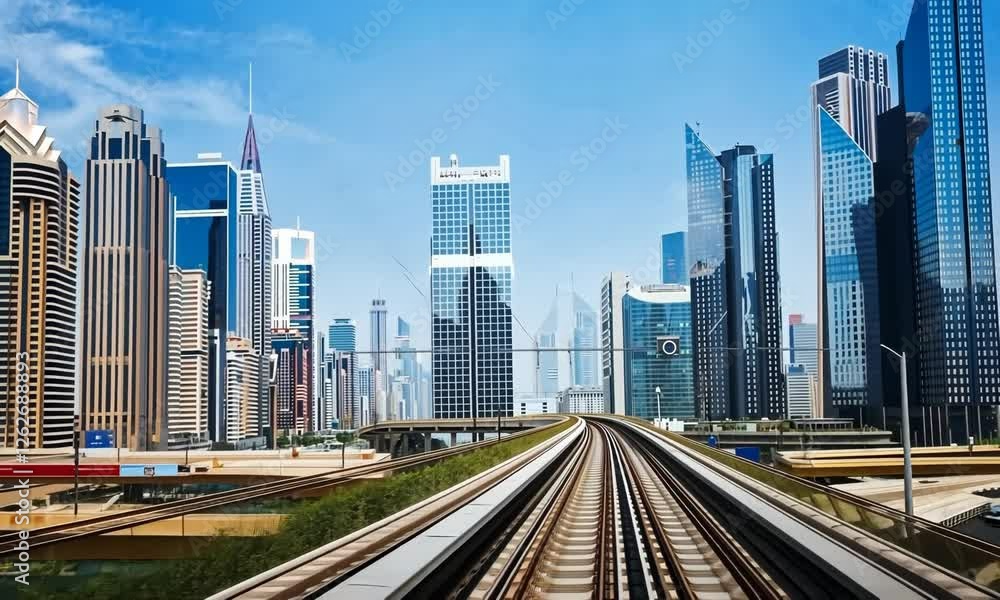 Travel by Dubai tube, metro railway track, train station and City buildings at the background Travel by Dubai tube, metro railway track, train station and City buildings at the background
