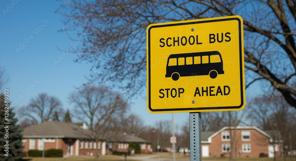 School Bus Stop Ahead Yellow Sign on Street in Residential Area School Bus Stop Ahead Yellow Sign on Street in Residential Area