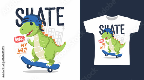 Cool dinosaur play skateboard hand drawn, vector ready for print on t shirt and other uses