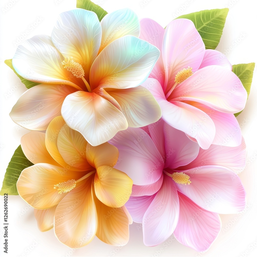 Fototapeta premium Frangipani flowers in red, yellow, and pink colors, standing out against a clear background