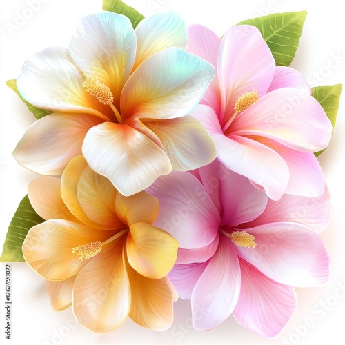 Frangipani flowers in red, yellow, and pink colors, standing out against a clear background
