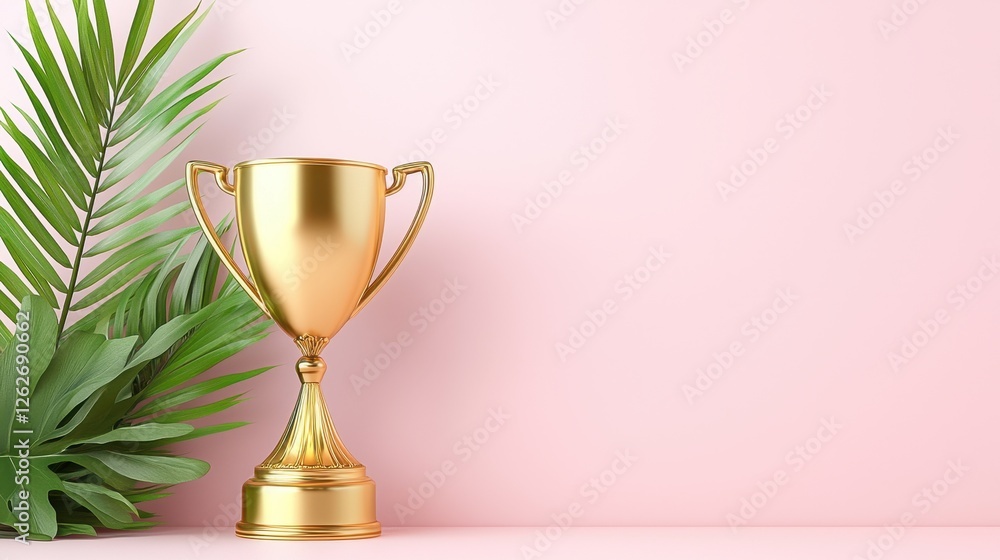 Golden Trophy on Pastel Background with Green Leaves Accentuating Achievements and Success Golden Trophy on Pastel Background with Green Leaves Accentuating Achievements and Success