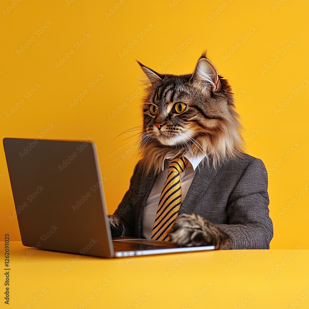 the cat is working at a laptop, work desk. on a plain bright colored background. in a business suit. place for text the cat is working at a laptop, work desk. on a plain bright colored background. in a business suit. place for text