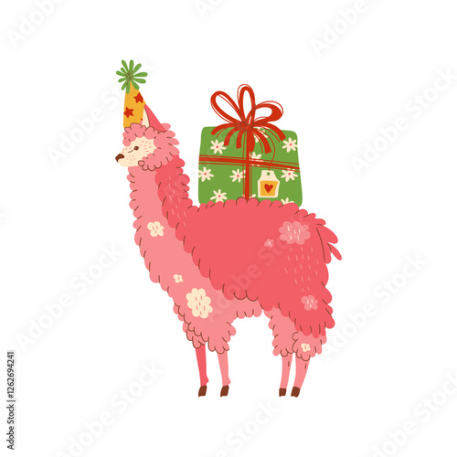 Animal llama in party  carries gift for birthday