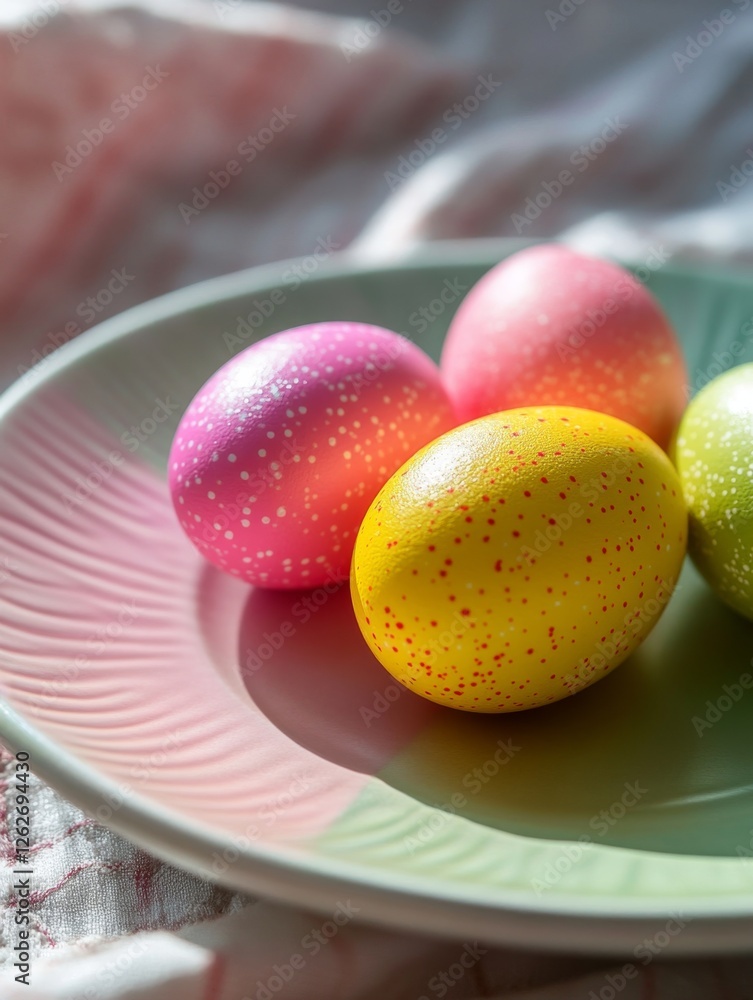 Obraz premium Pastel Easter Eggs on Decorative Plate, Springtime