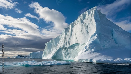 Wallpaper Mural Majestic iceberg rising from the ocean under a dramatic sky. The iceberg's sheer size and stunning blue hues are captivating against the backdrop of fluffy clouds and dark storm clouds.  Torontodigital.ca