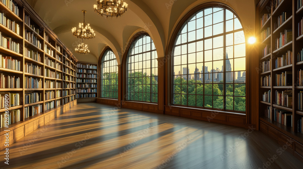 Serene library interior featuring expansive arched windows, natural light, and bookshelves, offering captivating views of lush greenery. Serene library interior featuring expansive arched windows, natural light, and bookshelves, offering captivating views of lush greenery.
