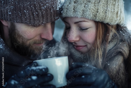 Young couple drinking hot tea together after a long walk in the cold.Ñ” photo