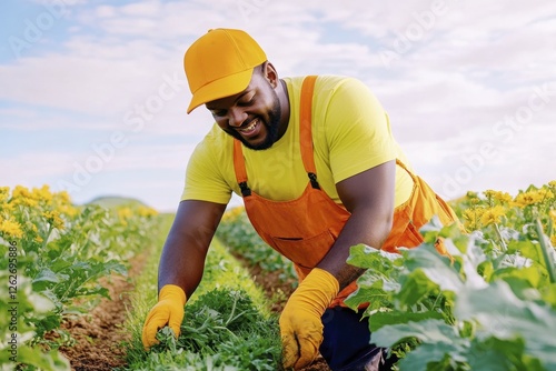 Smiling farmer harvesting crops in vibrant field under sunny sky photo