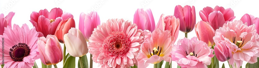 A set of single flowers positioned independently on a transparent white background A set of single flowers positioned independently on a transparent white background