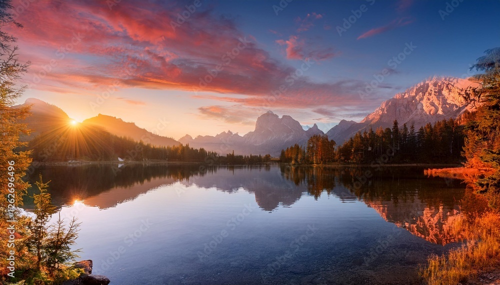 A breathtaking view of a mountain lake at sunrise, with the water perfectly reflecting the surrounding peaks and colorful sky. A breathtaking view of a mountain lake at sunrise, with the water perfectly reflecting the surrounding peaks and colorful sky.