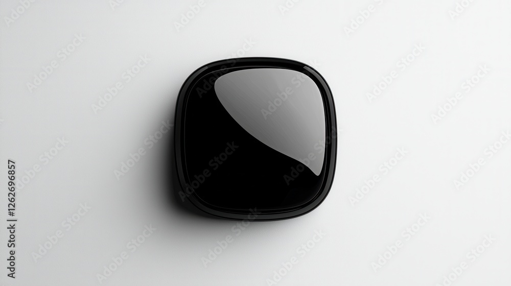 Black button placed on a clean white surface in bright lighting Black button placed on a clean white surface in bright lighting