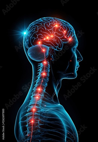 The human body seen in profile with the nervous system. The brain glows in blue and orange hues, neural connections illuminated. The spinal cord is shown in detail, with highlighted points along the s photo