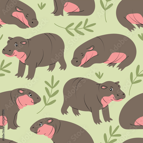 Seamless pattern with adorable hippo babies, hippopotamus cubs. Hand drawn vector illustration