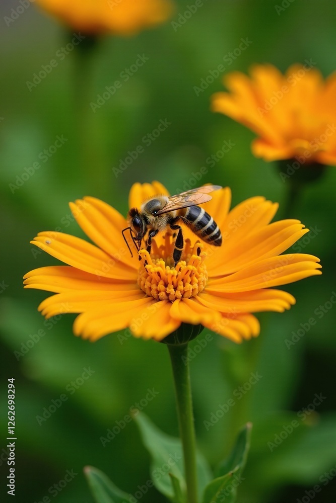 Bee sucking nectar from a bright orange flower with green stem and leaves, pollination, bees Bee sucking nectar from a bright orange flower with green stem and leaves, pollination, bees