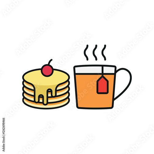 Tea and pancake set icon represents a cozy and classic breakfast pairing, perfect for café branding, bakery menus, brunch promotions, and warm beverage visuals.