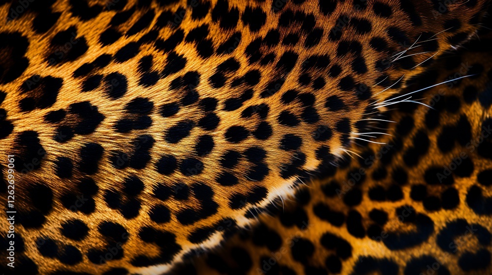Close-up view of a leopard's fur, showcasing its distinctive spots and vibrant colors Close-up view of a leopard's fur, showcasing its distinctive spots and vibrant colors