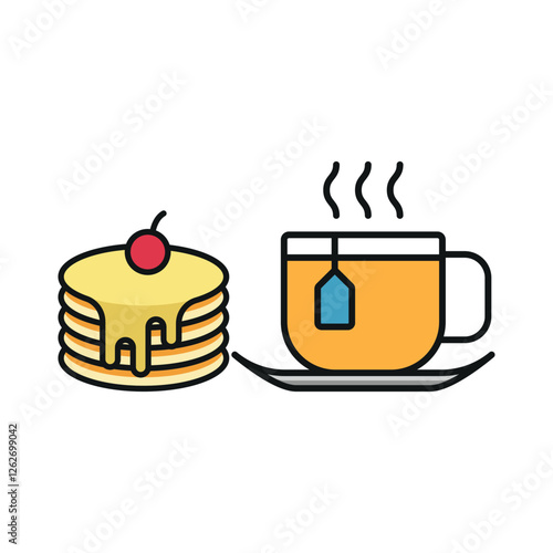 Tea and pancake set icon represents a cozy and classic breakfast pairing, perfect for café branding, bakery menus, brunch promotions, and warm beverage visuals.