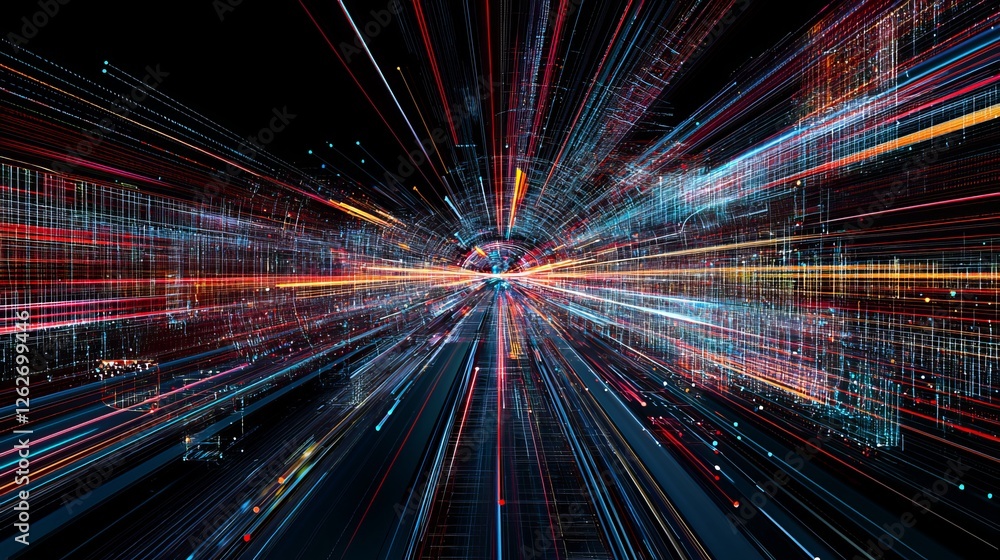 Fototapeta premium Motion-driven colorful light trails on a black backdrop. Generated using AI