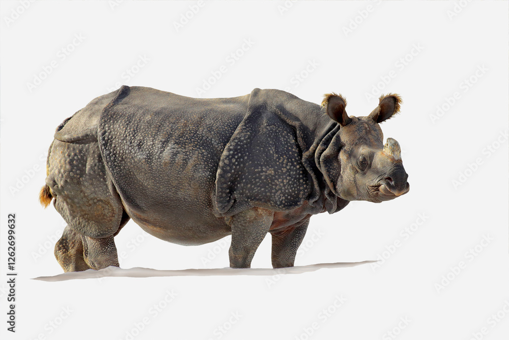 Obraz premium Panzernashorn (Rhinoceros unicornis) freigestellt, vor weißem Hintergrund 