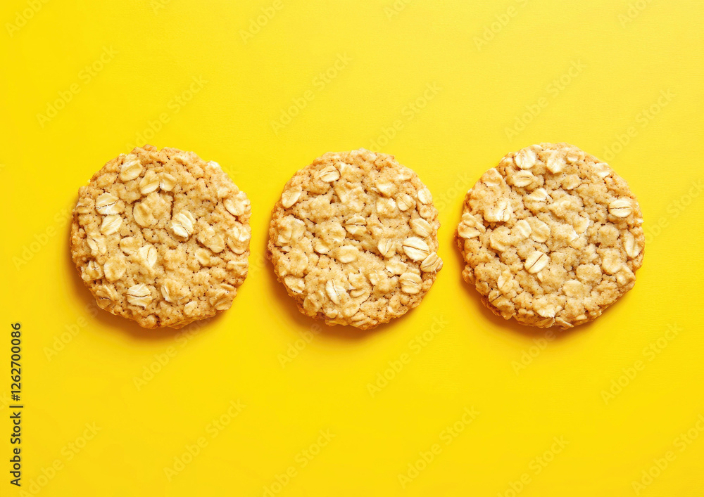 Three Delicious Oatmeal Cookies on a Vibrant Yellow Background Three Delicious Oatmeal Cookies on a Vibrant Yellow Background